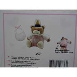 Orso porta biberon con bavaglino in tela aida da ricamare a puto croce col. rosa