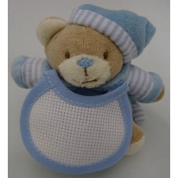 Mini Pupazzo peluche ORSETTO con bavaglino ricamabile a punto croce col. celeste h. 9,5 cm