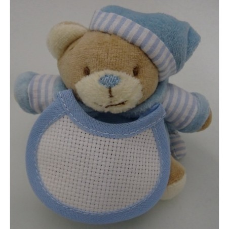 Mini Pupazzo peluche ORSETTO con bavaglino ricamabile a punto croce col. celeste h. 9,5 cm