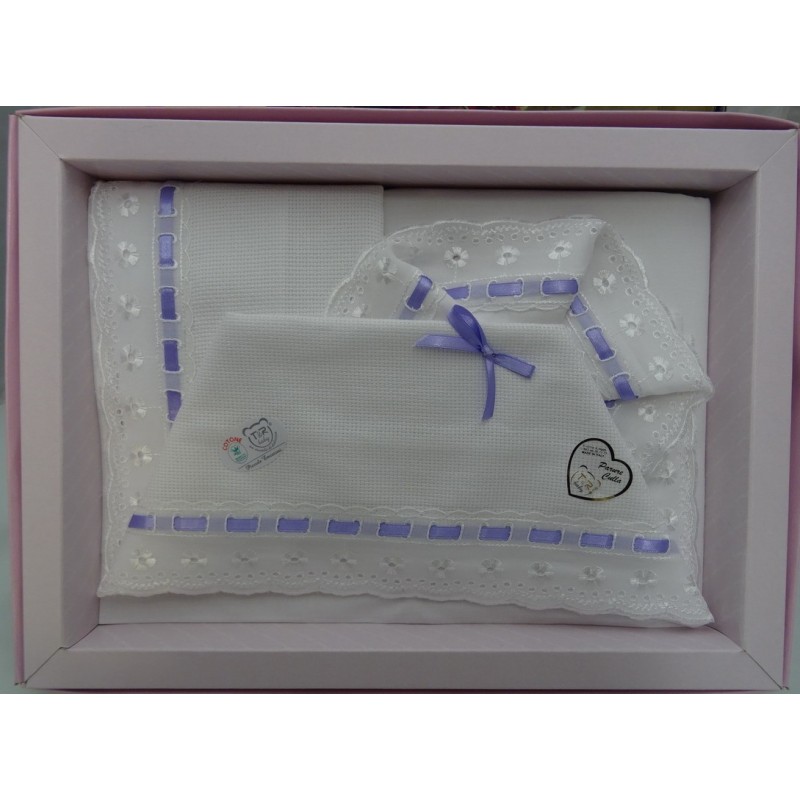 Lenzuolino da ricamare 90x120 col. lilla, pizzo sangallo