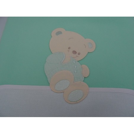 Copertina in pile da lettino " ORSETTO ", colore verde, ricamabile a punto croce con inserto in tela aida