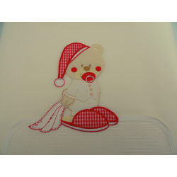 Copertina in pile da lettino " ORSETTO CON CIUCCIO " , colore PANNA, ricamabile a punto croce con inserto in tela aida