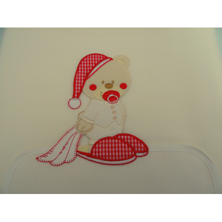 Copertina in pile da lettino " ORSETTO CON CIUCCIO " , colore PANNA, ricamabile a punto croce con inserto in tela aida