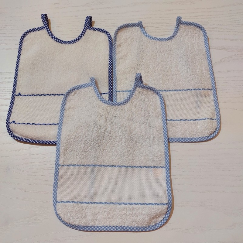 3 Bavaglini serie NEVE con tela aida da ricamare a punto croce col. azzurro e blu