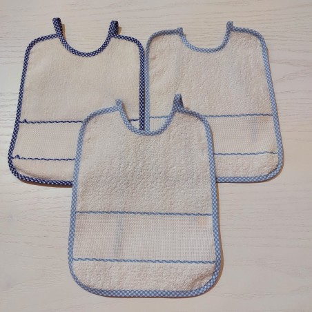 3 Bavaglini serie NEVE con tela aida da ricamare a punto croce col. azzurro e blu