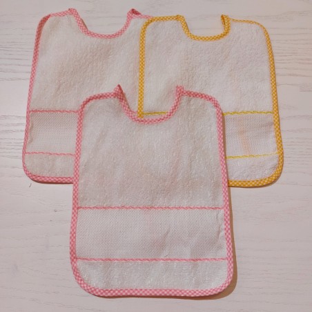 3 Bavaglini serie NEVE con tela aida da ricamare a punto croce col. rosa e giallo