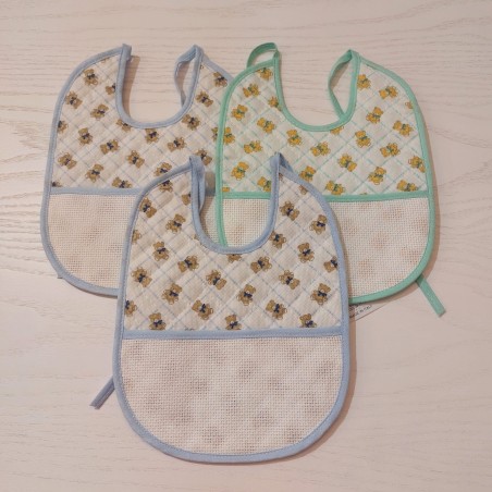 3 Bavaglini serie DUDU con tela aida da ricamare a punto croce col. azzurro, giallo, verde