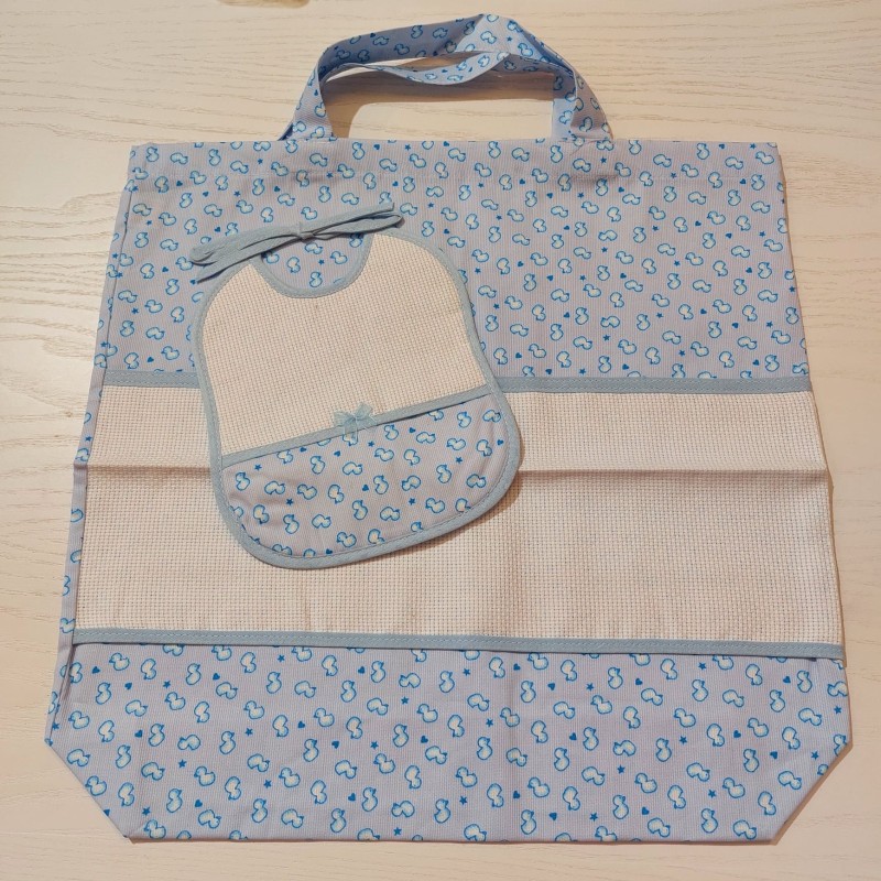 Borsa nursery portatutto + bavaglino con tela aida, set ricamabile a punto croce col. rosa