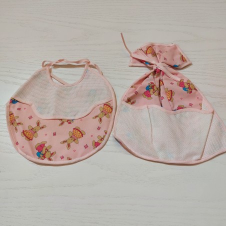 Set di Bavaglino e sacchetta da ricamare a punto croce, colore rosa
