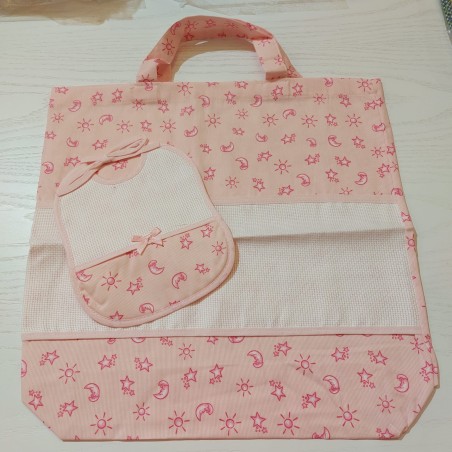 Borsa nursery portatutto + bavaglino con tela aida, set ricamabile a punto croce col. rosa