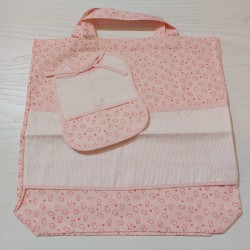 Borsa nursery portatutto + bavaglino con tela aida, set ricamabile a punto croce col. rosa