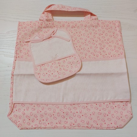 Borsa nursery portatutto + bavaglino con tela aida, set ricamabile a punto croce col. rosa