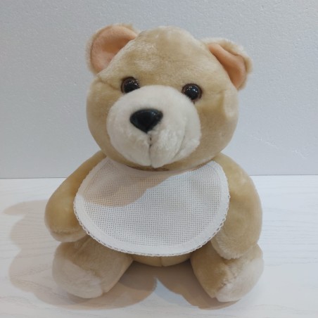 Pupazzo peluche orso con bavaglino ricamabile a punto croce bordo verdino